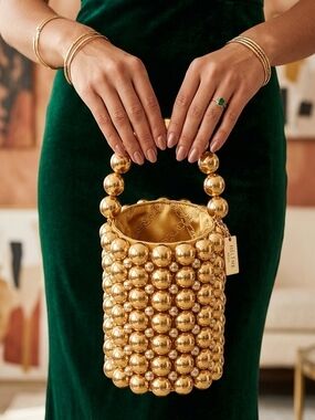 Gold Beaded Handle Tote Bag - Chic Evening Accessory